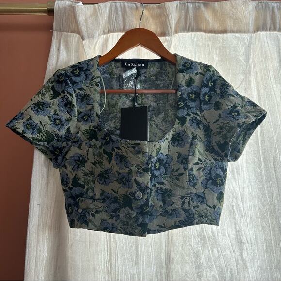 En Saison Passion Top Jacquard Vintage Floral Tapestry Short Sleeve Button NWT S - Picture 3 of 6